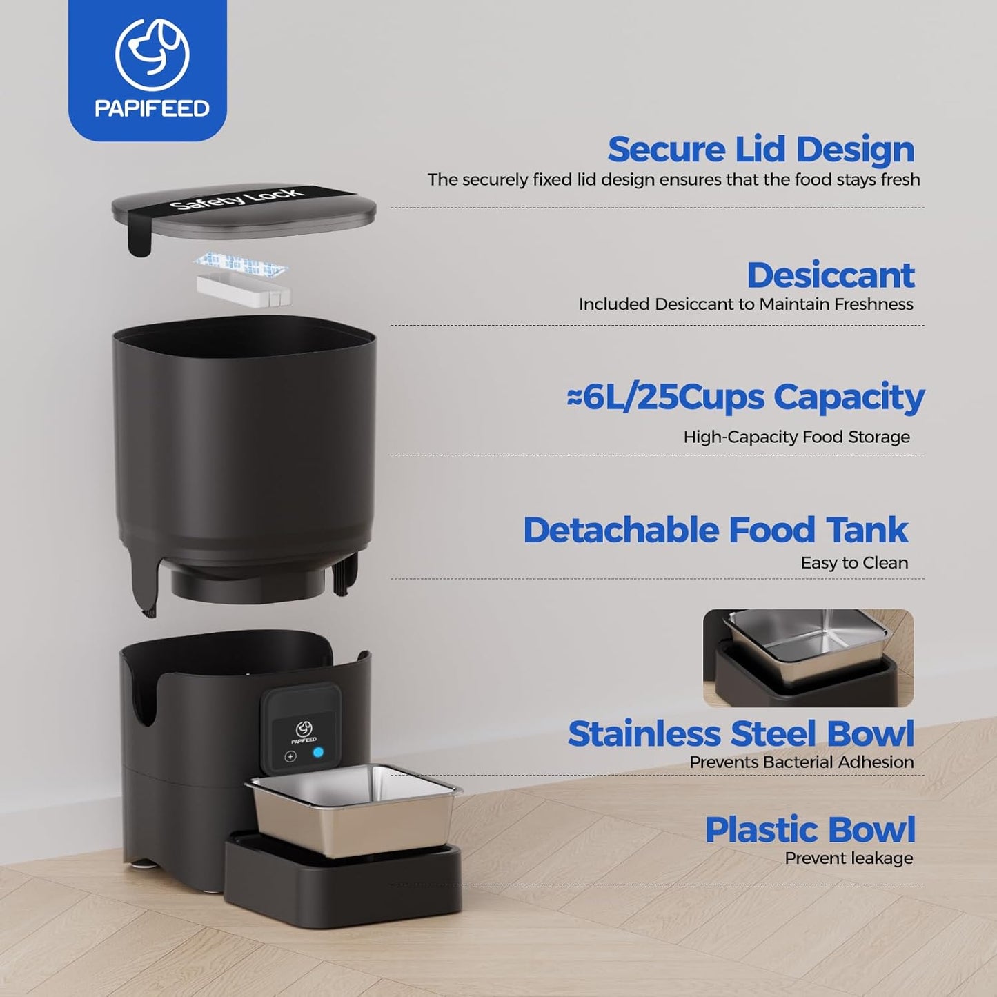 2.4G Wifi Automatic Cat Feeder, 6L/25Cup Automatic Pet Feeder with APP Control for Remote Feeding, Detachable for Easy Clean, Cat Food Dispenser with Alexa,1-10 Meals per Day for Dog, Black