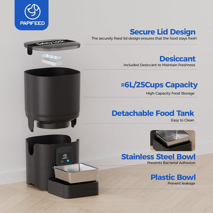 2.4G Wifi Automatic Cat Feeder, 6L/25Cup Automatic Pet Feeder with APP Control for Remote Feeding, Detachable for Easy Clean, Cat Food Dispenser with Alexa,1-10 Meals per Day for Dog, Black