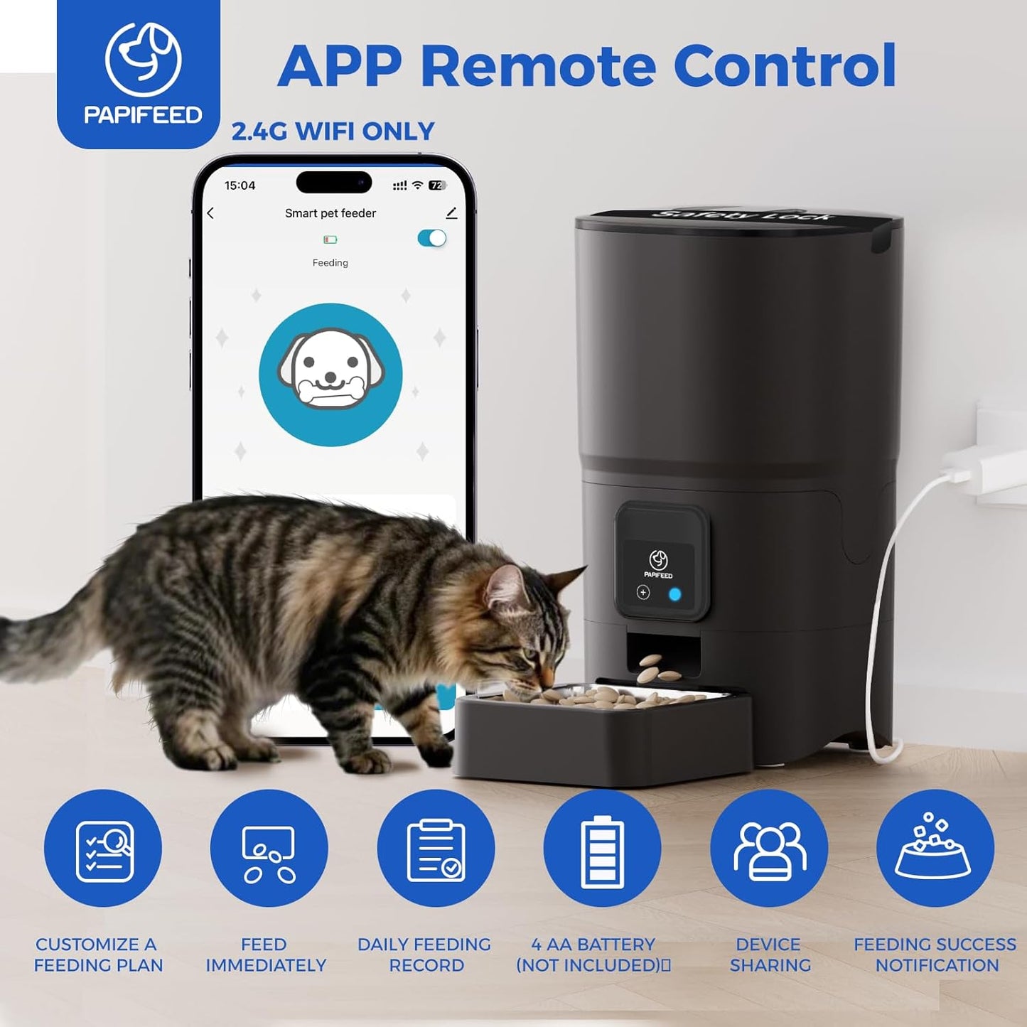 2.4G Wifi Automatic Cat Feeder, 6L/25Cup Automatic Pet Feeder with APP Control for Remote Feeding, Detachable for Easy Clean, Cat Food Dispenser with Alexa,1-10 Meals per Day for Dog, Black