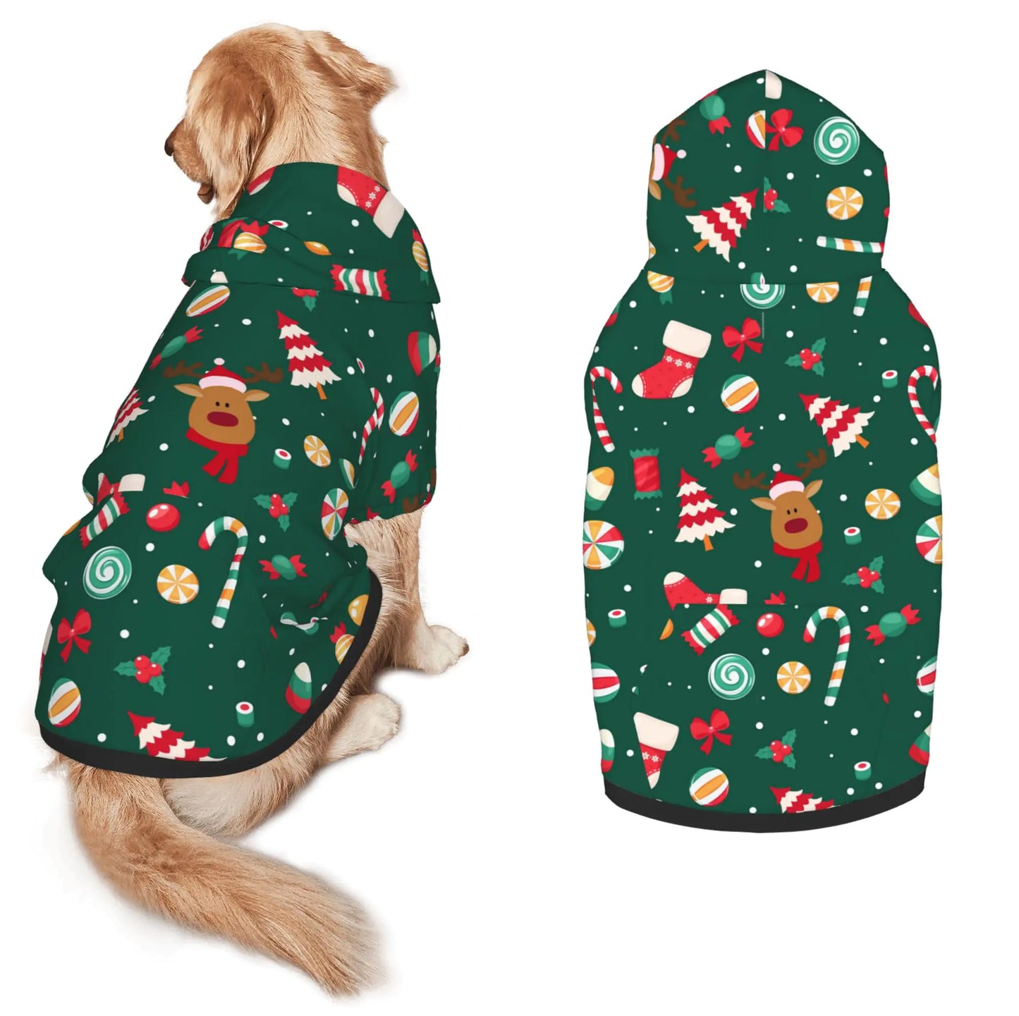 Christmas Dog Costume Christmas Deer Tree Print Hoodie Winter Christmas Cosplay Clothes Sweaters Outfits Pullover Pets Sweatshirt Hoodies with Pocket for Medium Large Dogs-L