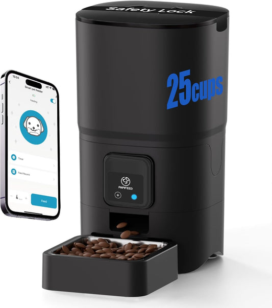 2.4G Wifi Automatic Cat Feeder, 6L/25Cup Automatic Pet Feeder with APP Control for Remote Feeding, Detachable for Easy Clean, Cat Food Dispenser with Alexa,1-10 Meals per Day for Dog, Black